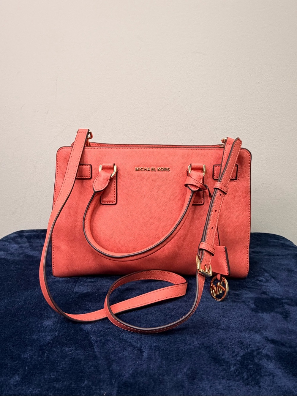 Michael Kors Coral Pink Saffiano Leather Satchel with Gold Hardware